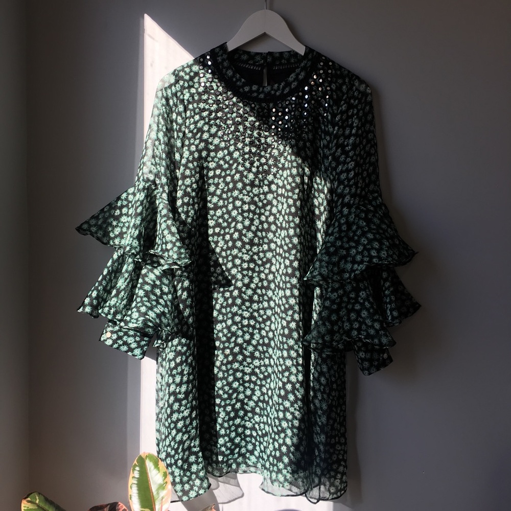 Ranna Gill Anthroplogie Green Floral Holiday Dress